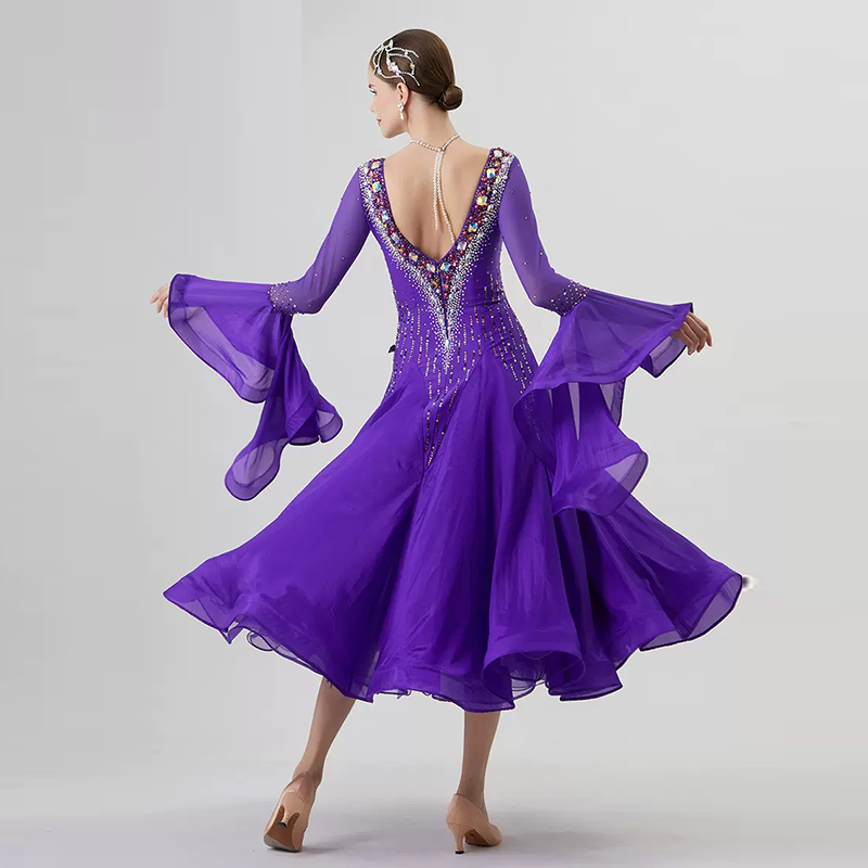 YUN Customisable-Women's Long Sleeve VNeck Backless DiamonDress For Ballroom Dancing Smooth Dress