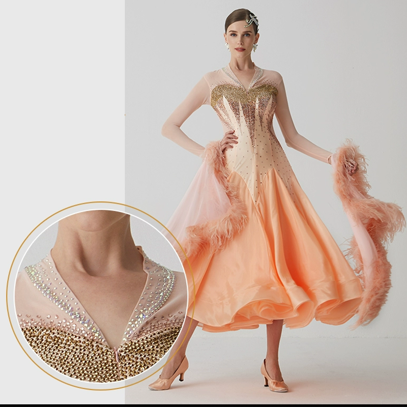 YUN Customisable-Women's Long Sleeve V Neck DiamonWaltModern Ballroom Dance Dress Competition Dresses