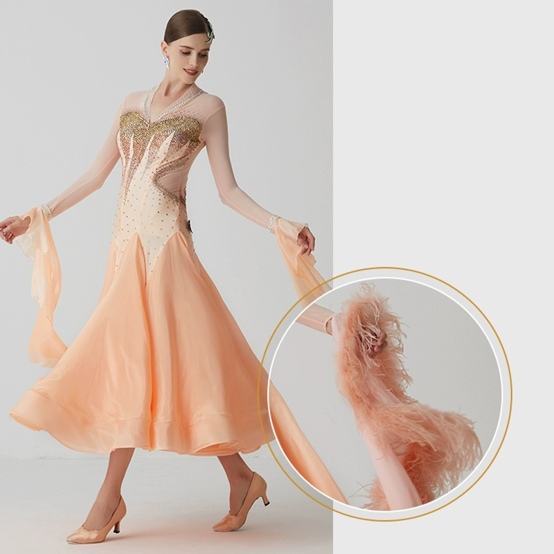 YUN Customisable-Women's Long Sleeve V Neck DiamonWaltModern Ballroom Dance Dress Competition Dresses