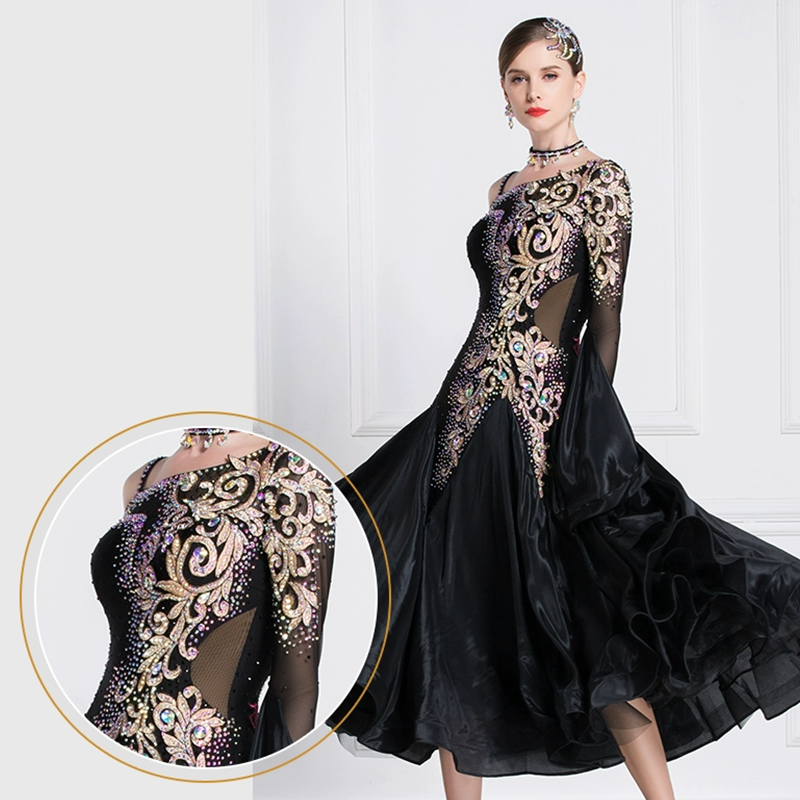 YUN Customisable-Women's Long Sleeve Off Shoulder Backless DiamonDress For Ballroom Dancing Smooth Dress