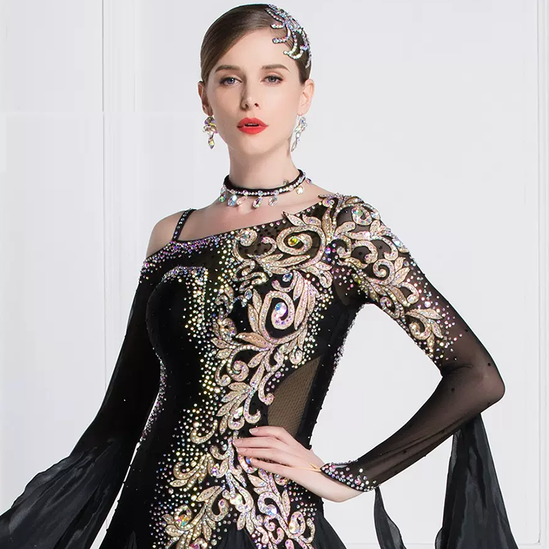 YUN Customisable-Women's Long Sleeve Off Shoulder Backless DiamonDress For Ballroom Dancing Smooth Dress