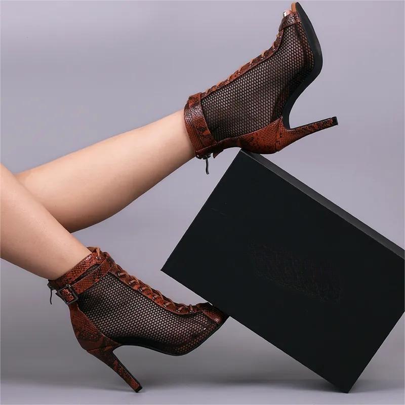 Women's Brown 9.5cm Heel Peep Toe Hollow-out Heels Dance Boots JazSalsa Dancing Shoes