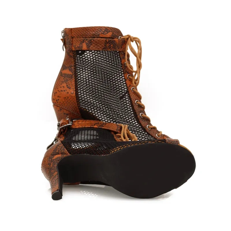 Women's Brown 9.5cm Heel Peep Toe Hollow-out Heels Dance Boots JazSalsa Dancing Shoes