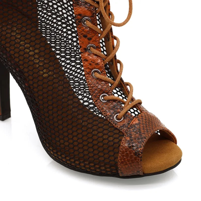 Women's Brown 9.5cm Heel Peep Toe Hollow-out Heels Dance Boots JazSalsa Dancing Shoes