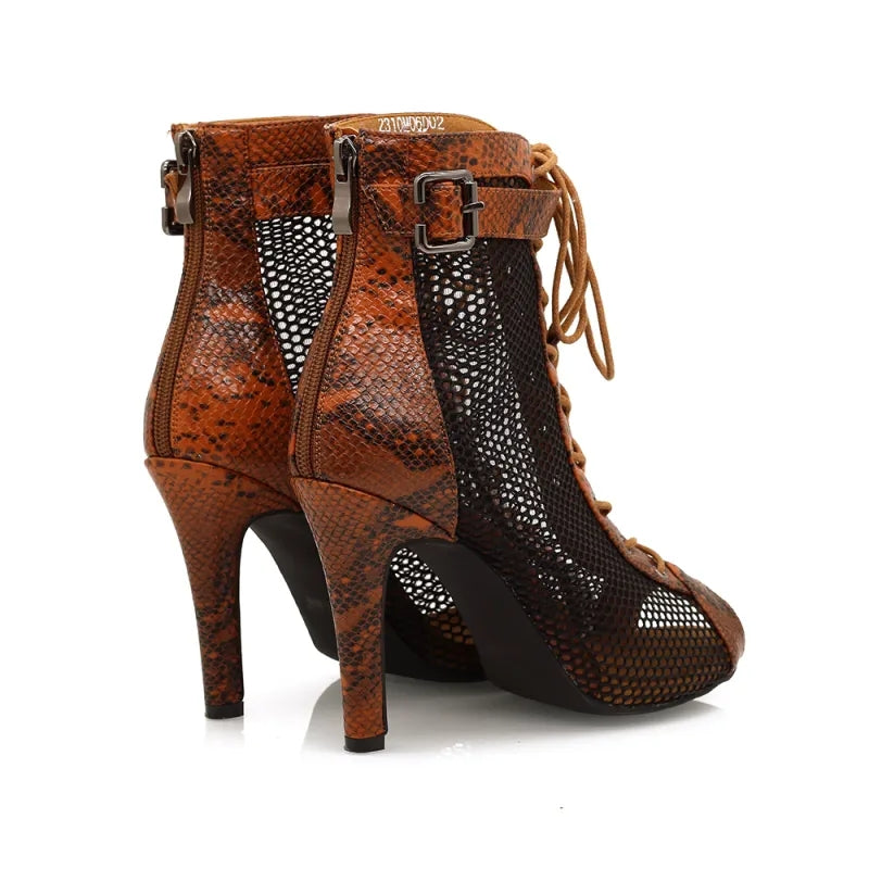 Women's Brown 9.5cm Heel Peep Toe Hollow-out Heels Dance Boots JazSalsa Dancing Shoes