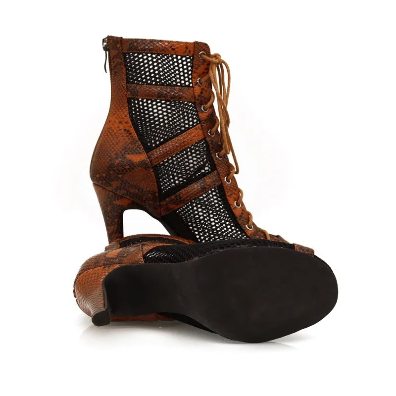 Women's Brown Customized Heel Peep Toe Hollow-out Heels Dance Boots JazSalsa Dancing Shoes