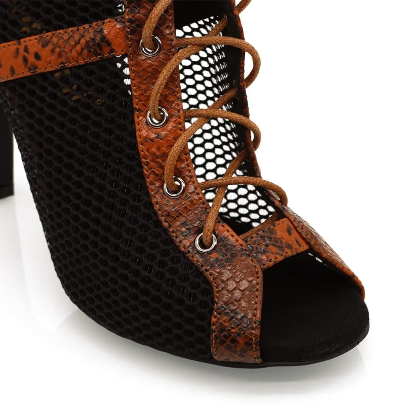 Women's Brown Customized Heel Peep Toe Hollow-out Heels Dance Boots JazSalsa Dancing Shoes