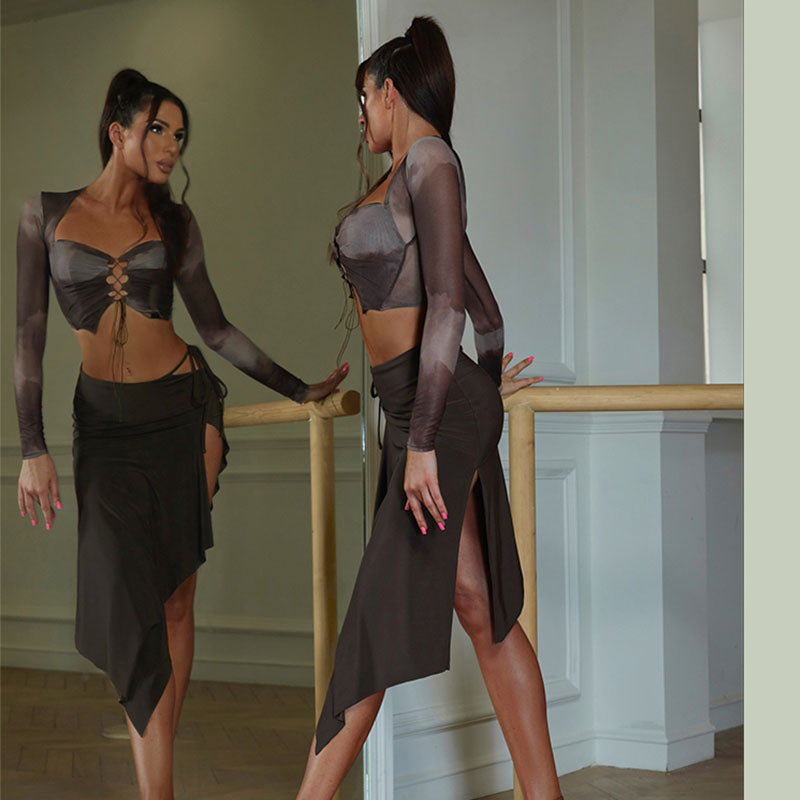 Women's Mesh Lace-Up Long Sleeve Latin Dance Tops Dance Wear Dance Tops