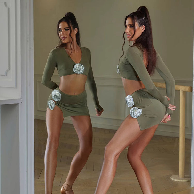 Women's Milk Silk Flower Long Sleeve Latin Dance Tops Dance Wear Dance Tops