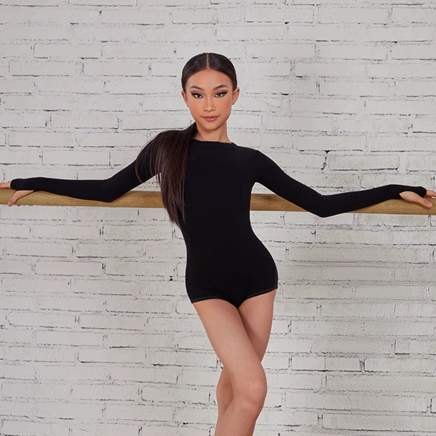 Girls Black Long-sleeved Dancewear Practice Tops Bodysuit