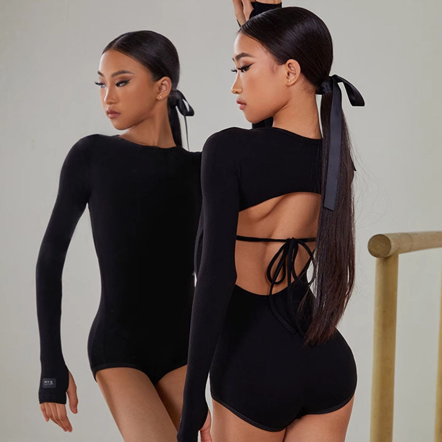 Girls Black Long-sleeved Dancewear Practice Tops Bodysuit