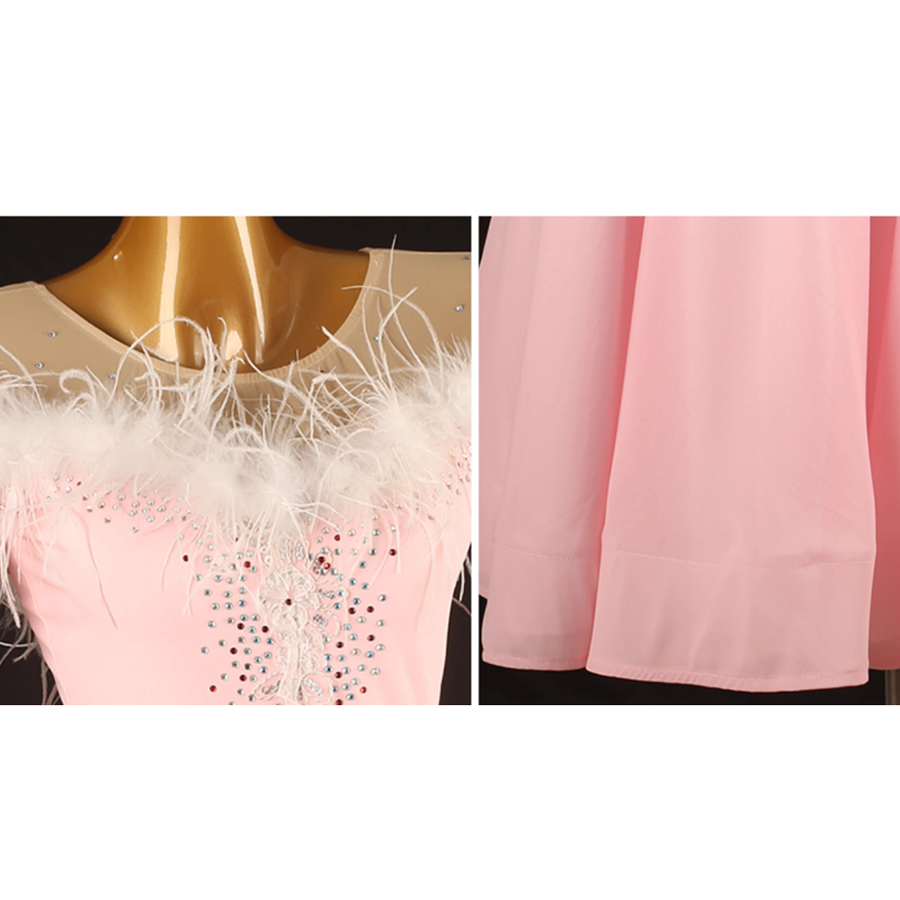 Customisable-Women's Pink Round Neck Long Sleeve DanceWear Ballroom Dance Dress