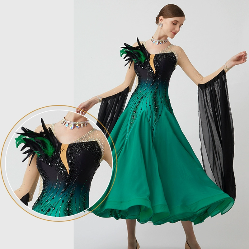 YUN Customisable-Women's Long Sleeve V Neck DiamonWaltModern Ballroom Dance Dress Competition Dresses