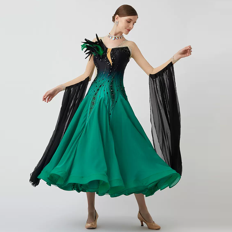 YUN Customisable-Women's Long Sleeve V Neck DiamonWaltModern Ballroom Dance Dress Competition Dresses