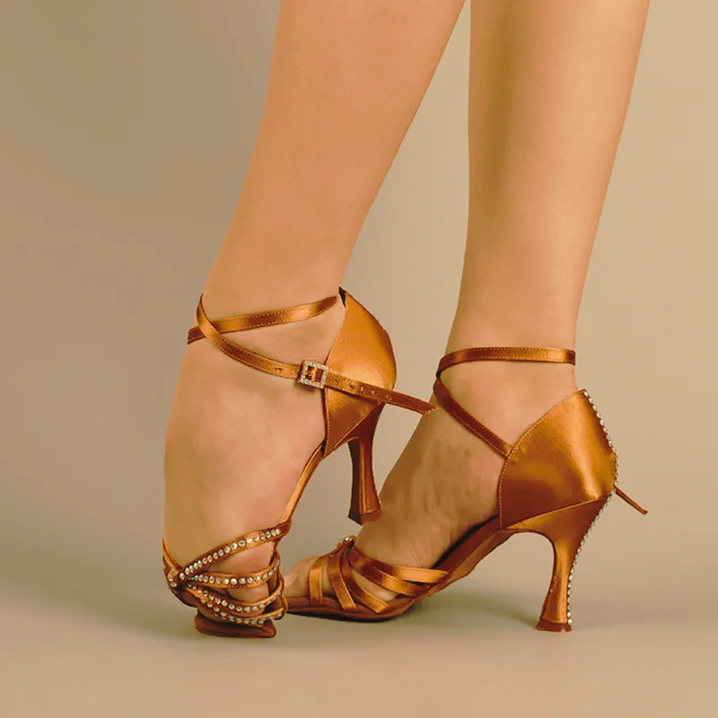 Women's Brown Customized Heel Strappy Knot Dance Shoes With Crystals Latin Dance Shoes