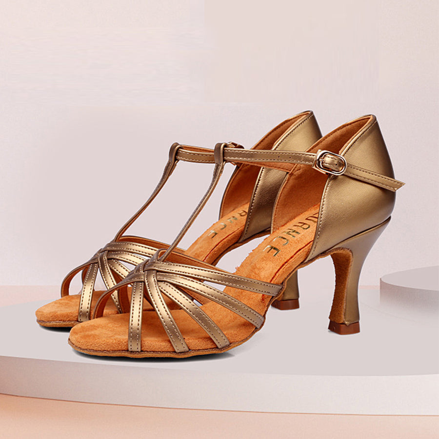 Women's Bronze Leatherette Customized Heel T-Strap Latin Dance Shoes Ballroom Dance Shoes