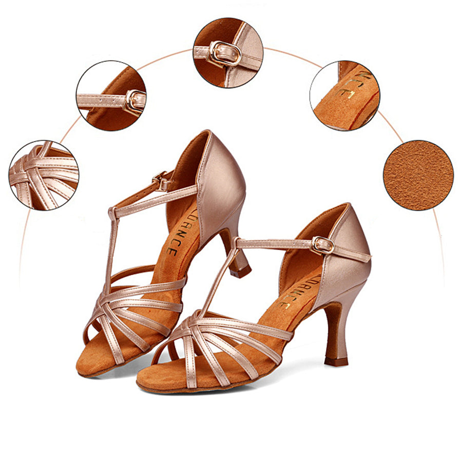 Women's Champagne Leatherette Customized Heel T-Strap Latin Dance Shoes Ballroom Dance Shoes