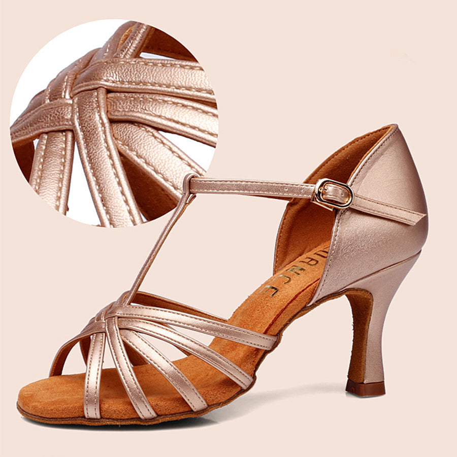 Women's Champagne Leatherette Customized Heel T-Strap Latin Dance Shoes Ballroom Dance Shoes
