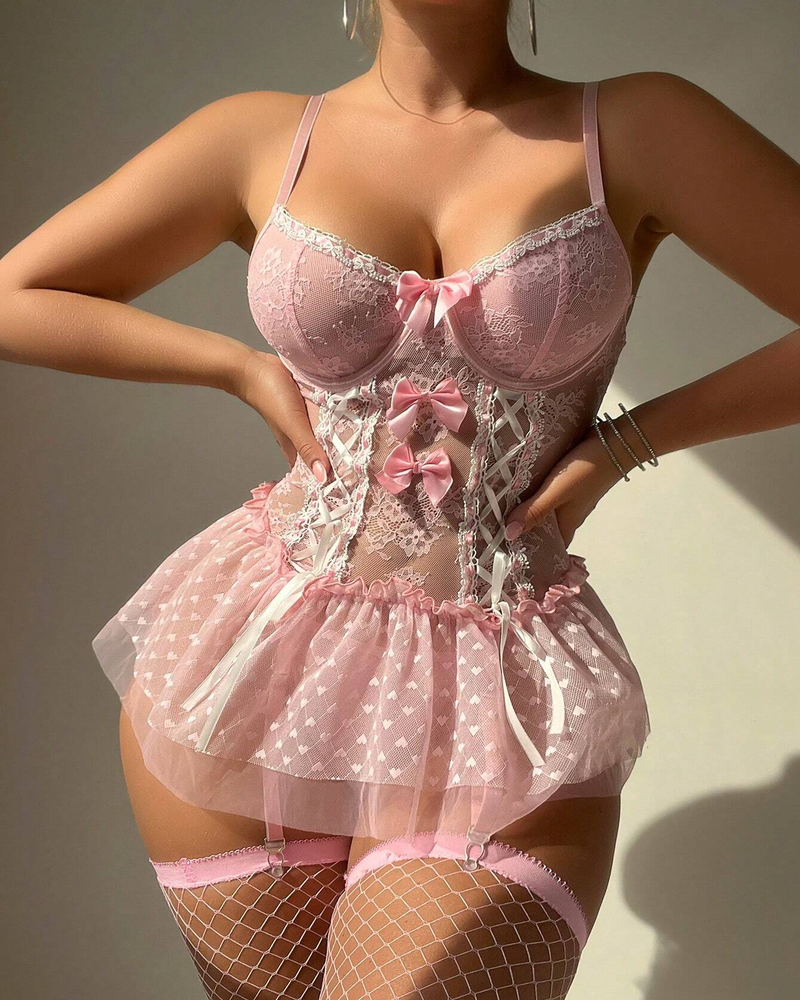 3-Piece Valentine's Tie-Up Lace Lingerie Set with Stockings