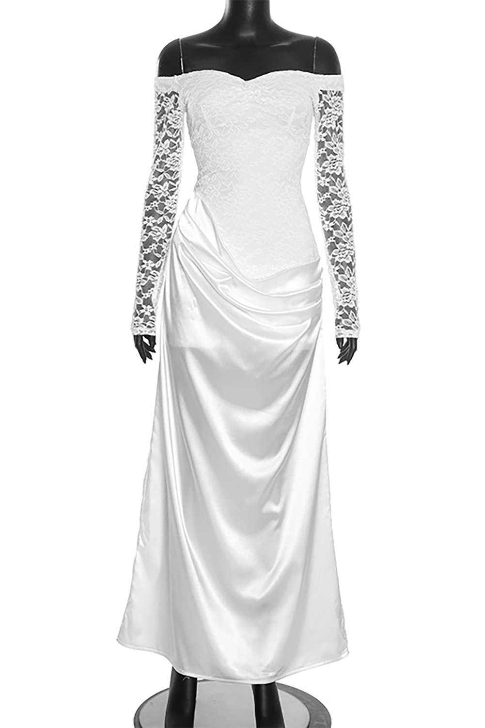 Off Shoulder Lace Patchwork Long Sleeve Ruched Slim Fit Maxi Dresses-White