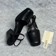 Square-toe loafers with thick heels