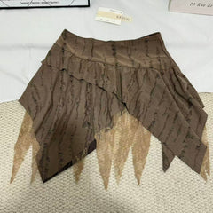 Retro Asymmetrical Lace-Paneled Pleated Skirt