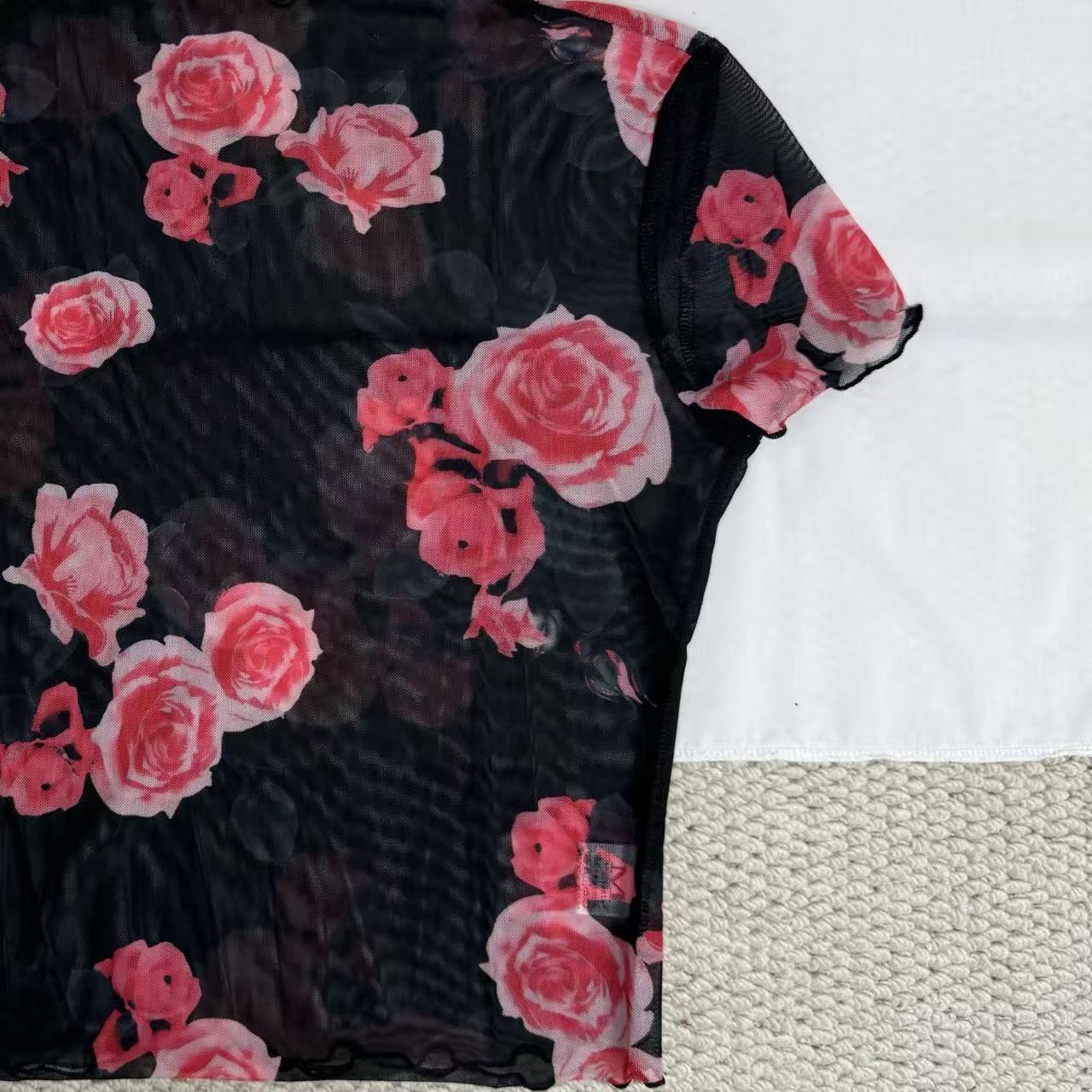 Mesh T-Shirt with Floral Print and Short Sleeves