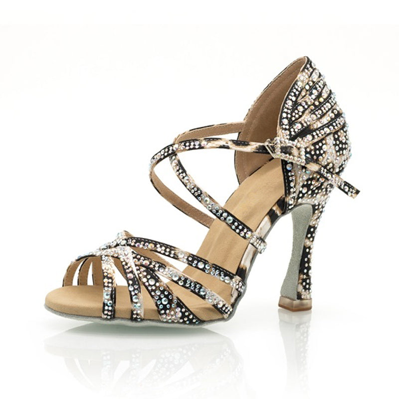 Women's Leopard 9cm Heel Strappy Satin Rhinestones Sandal Latin Dance Shoes