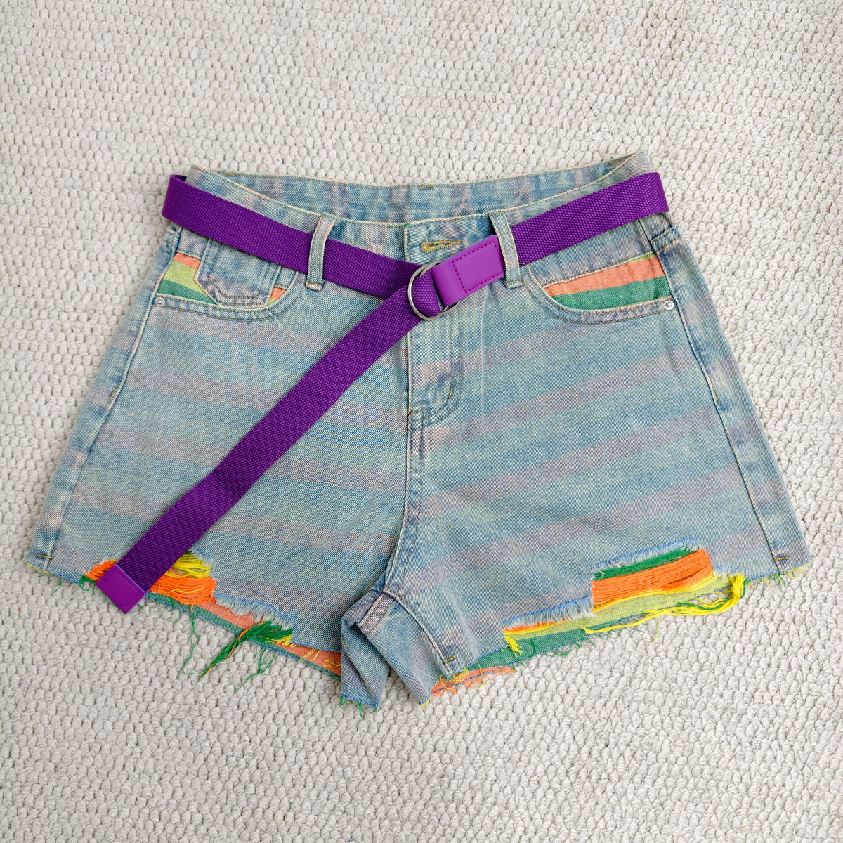 Striped holey denim shorts