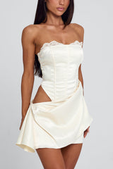 Strapless Lace Cut Out Ruffle Trim Slim Fit Mini Dresses-White Pre Order