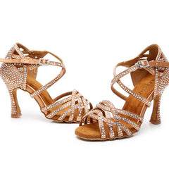 Women's Bronze Customized Heel Satin Rhinestones Strappy Dance Shoes