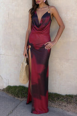 Metal Ring Cami Ruffled Slit Bodycon Party Maxi Dresses-Red