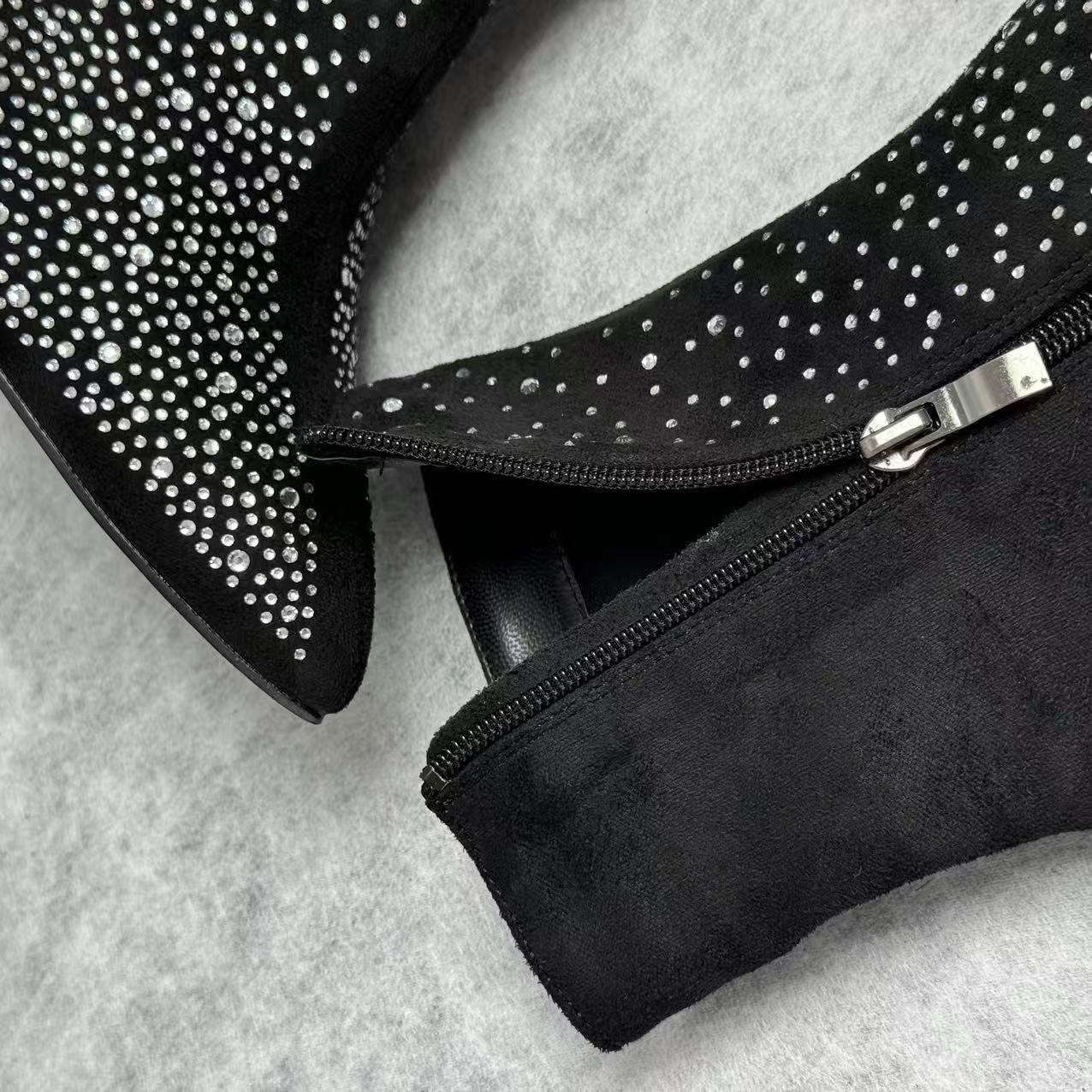 Pointed-toe water droplet stacked ankle boots
