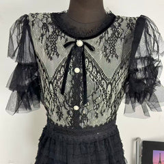 Belted round-neck lace dress