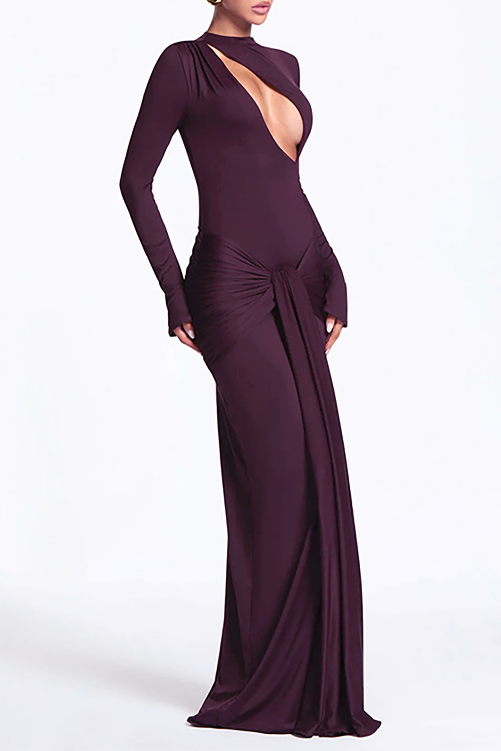Cutout Round Neck Long Sleeve Ruched Long Streamer Slim Fit Maxi Dresses-Purple