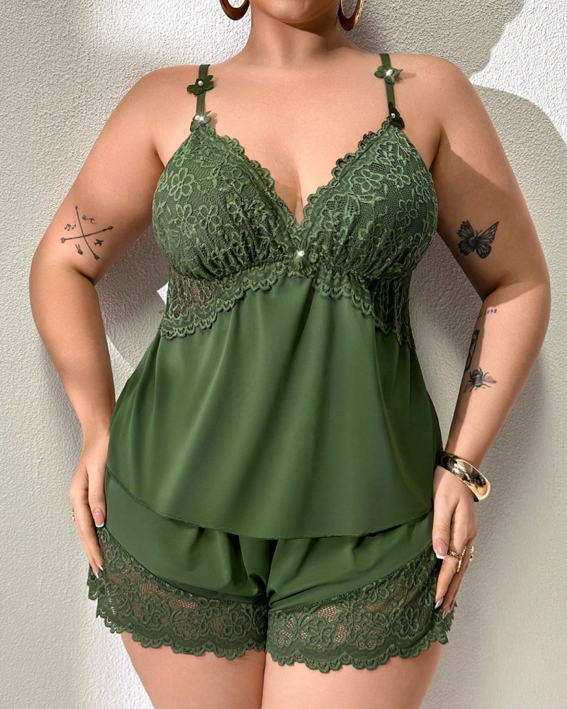 Plus Size Lace Satin Cami Pajama Set â€?Sexy Two-Piece Sleepwear for Women