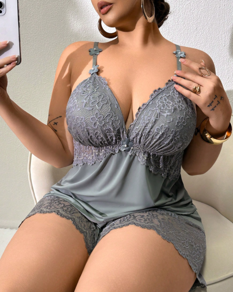 Plus Size Lace Satin Cami Pajama Set â€?Sexy Two-Piece Sleepwear for Women