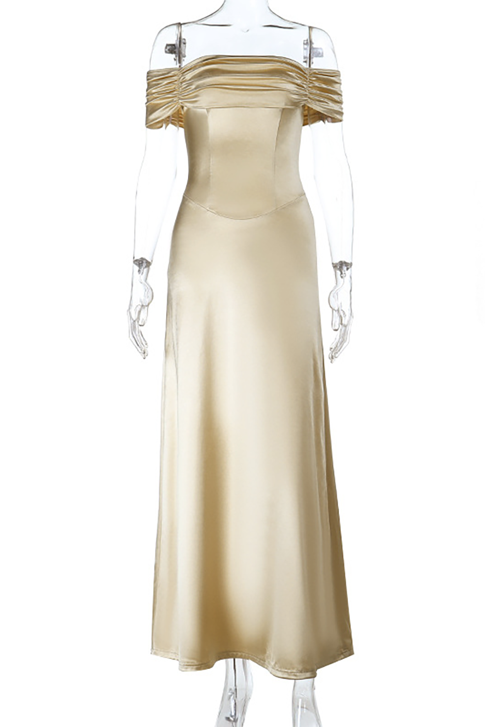 Ruched Off Shoulder Back Lace Up Cinch Waist Plain Gowns Maxi Dresses-Yellow