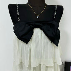 Contrasting-color bow tie backless halter dress