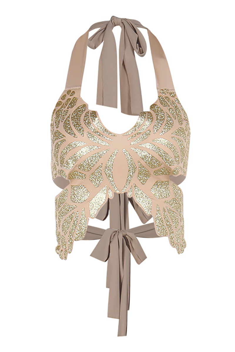 Butterfly Pattern Halter Neck Crop Top Gold