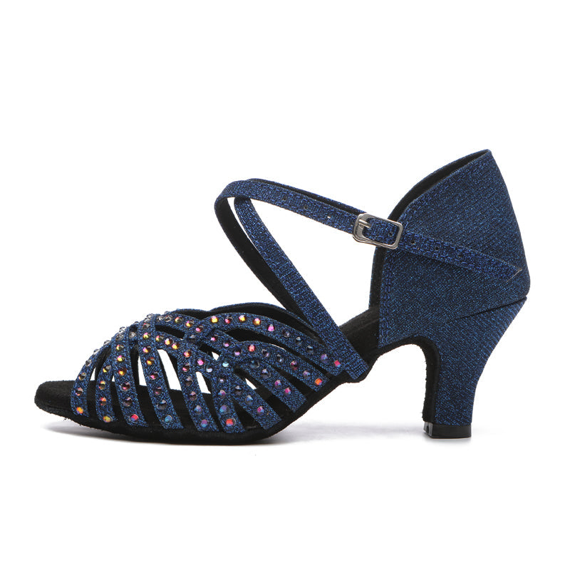 Women's Blue Satin Rhinestones Sandal Customized Heel Latin Dance Shoes Dance Heels