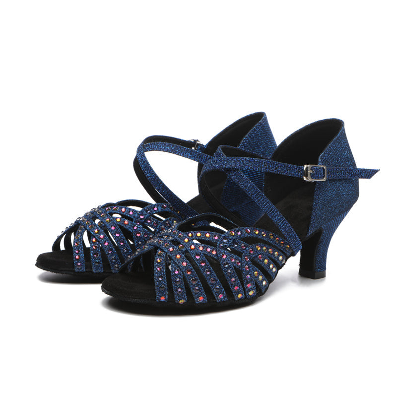 Women's Blue Satin Rhinestones Sandal Customized Heel Latin Dance Shoes Dance Heels
