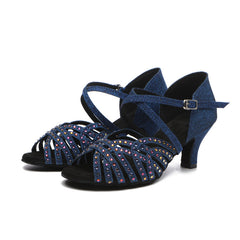 Women's Blue Satin Rhinestones Sandal Customized Heel Latin Dance Shoes Dance Heels