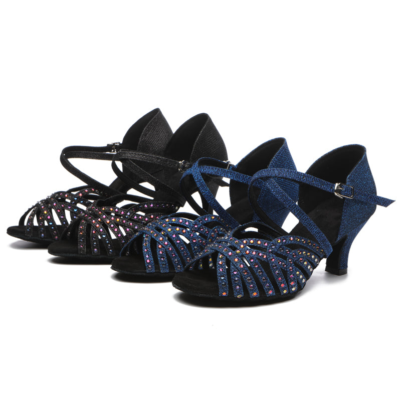 Women's Blue Satin Rhinestones Sandal Customized Heel Latin Dance Shoes Dance Heels