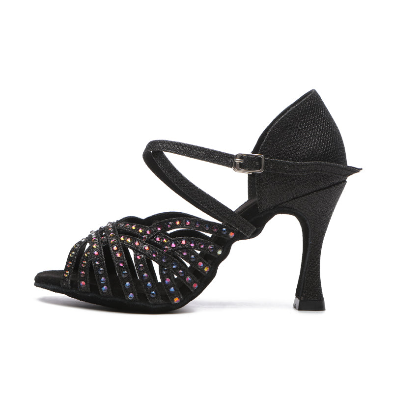 Women's Black Satin Rhinestones Sandal Customized Heel Latin Dance Shoes Dance Heels