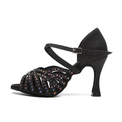 Women's Black Satin Rhinestones Sandal Customized Heel Latin Dance Shoes Dance Heels