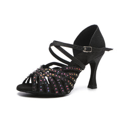 Women's Black Satin Rhinestones Sandal Customized Heel Latin Dance Shoes Dance Heels