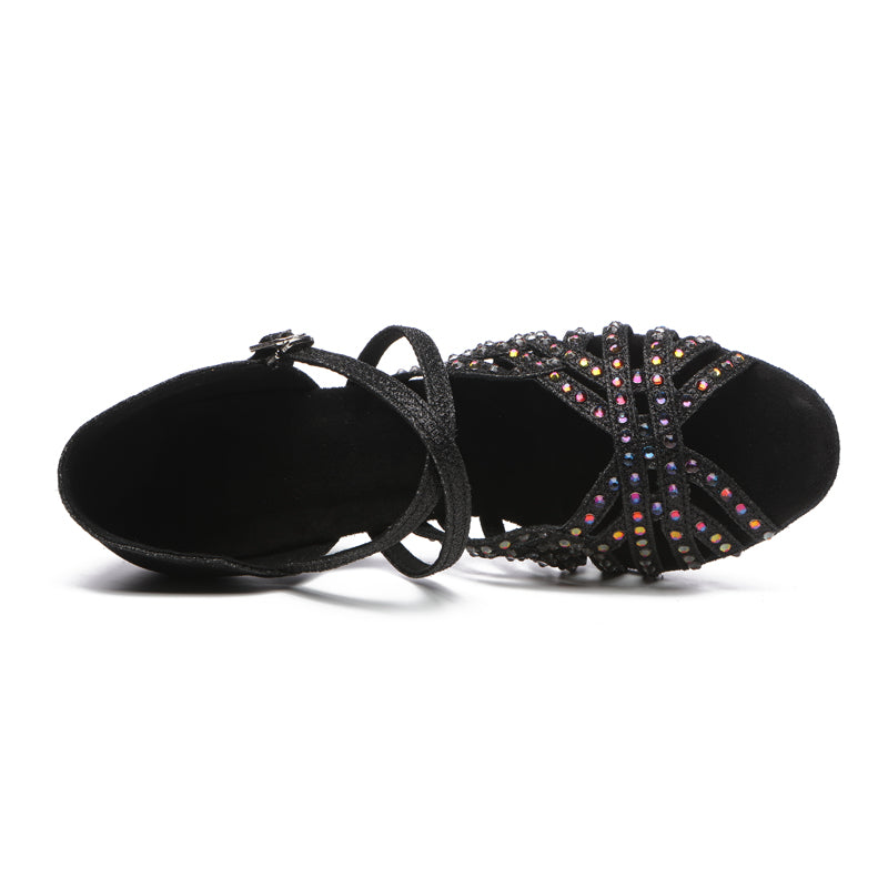 Women's Black Satin Rhinestones Sandal Customized Heel Latin Dance Shoes Dance Heels