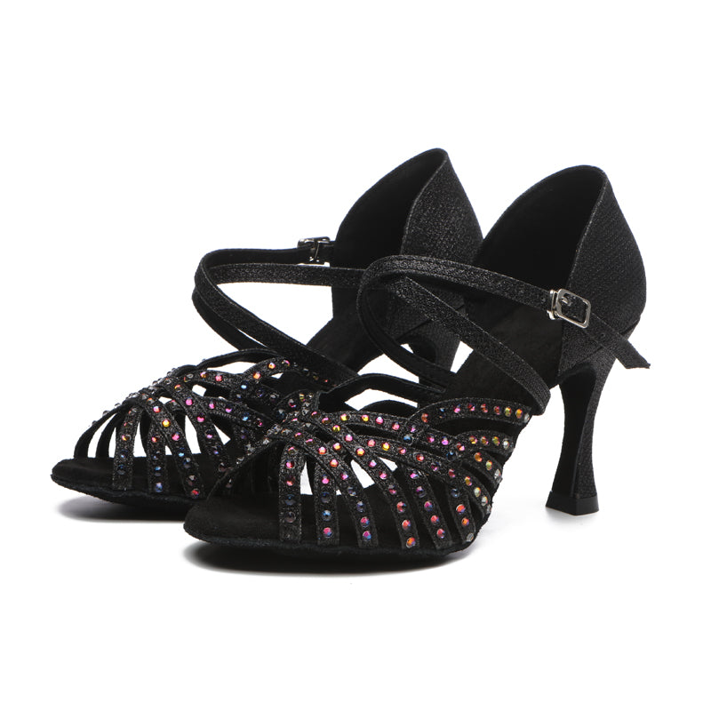 Women's Black Satin Rhinestones Sandal Customized Heel Latin Dance Shoes Dance Heels