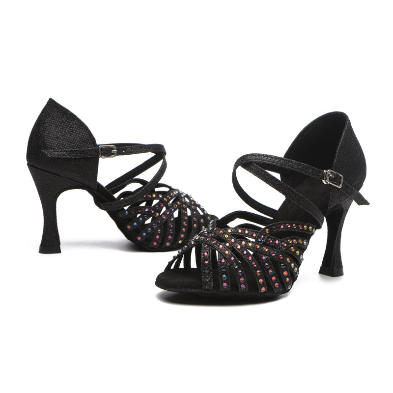 Women's Black Satin Rhinestones Sandal Customized Heel Latin Dance Shoes Dance Heels